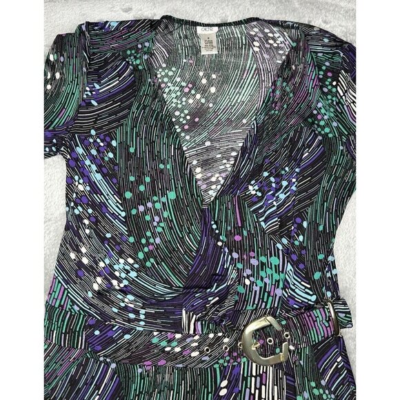 Cache Wrap Dress Medium Gold Buckle Black Geometric Print Stretch Classic Curvy - Picture 1 of 13